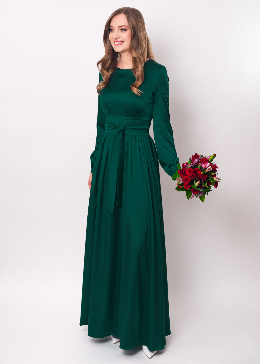 Dark green slit silk dress with belt