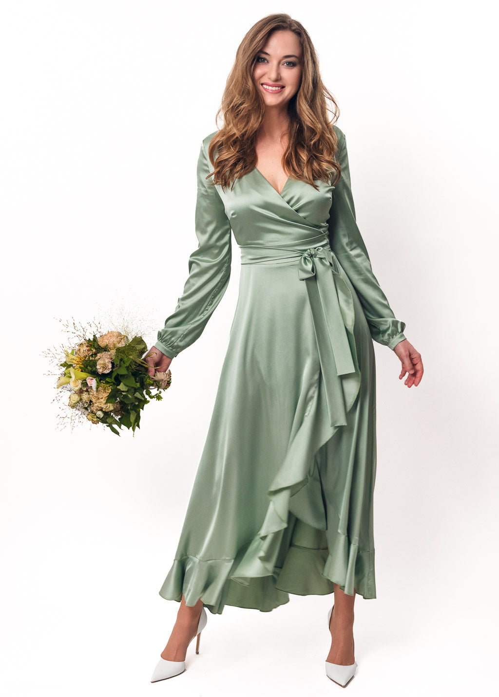 Sage green long wrap silk dress