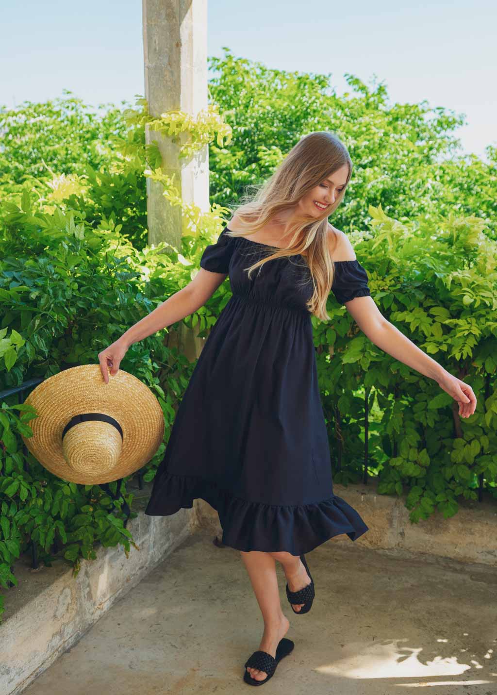 Black organic linen off shoulder midi dress