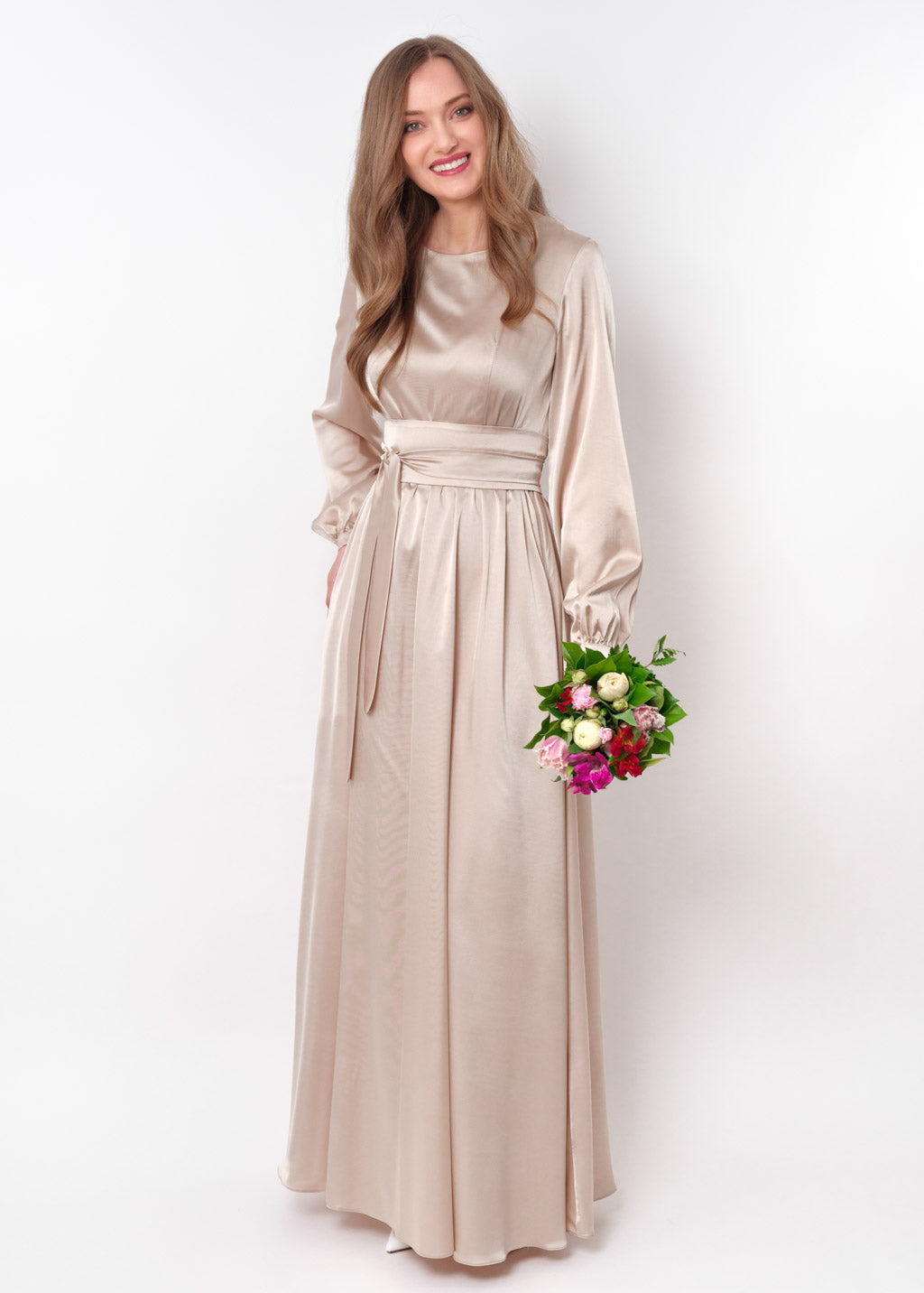 Champagne beige long silk dress with belt