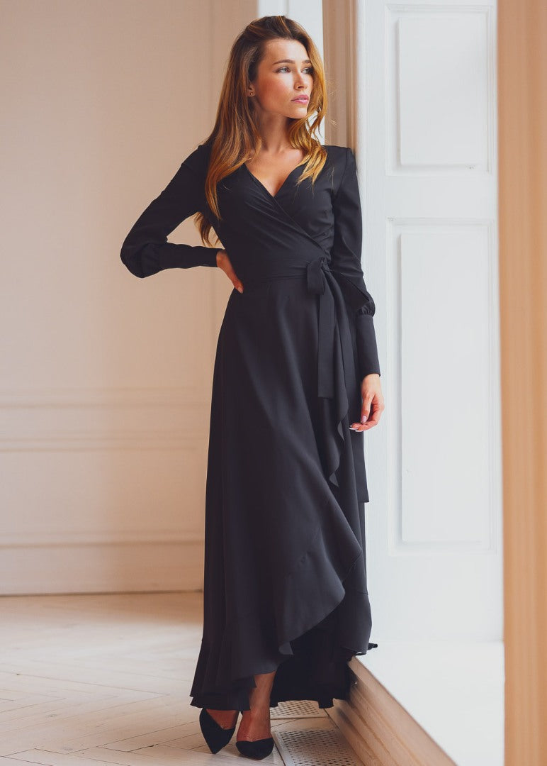 Black long wrap dress