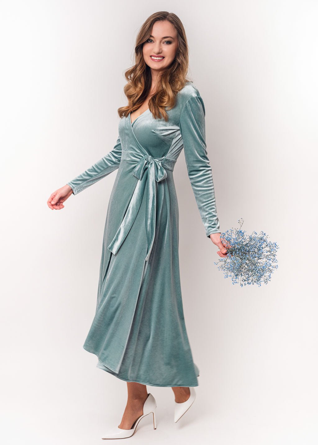 Dusty blue midi wrap dress