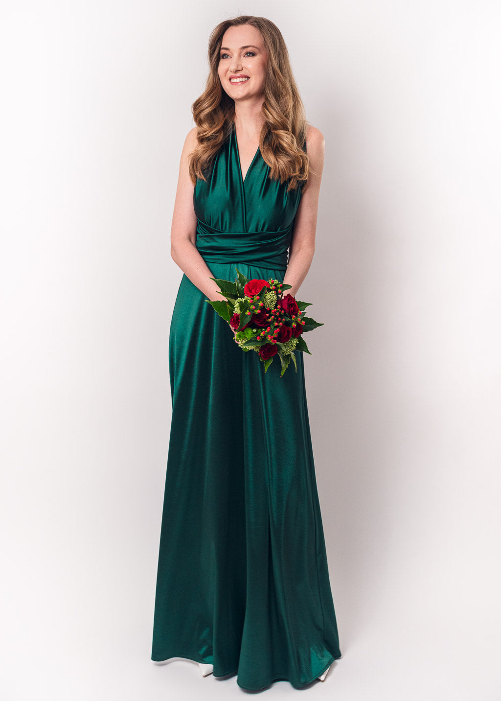 Dark green luxury satin infinity dress or jumpsuit