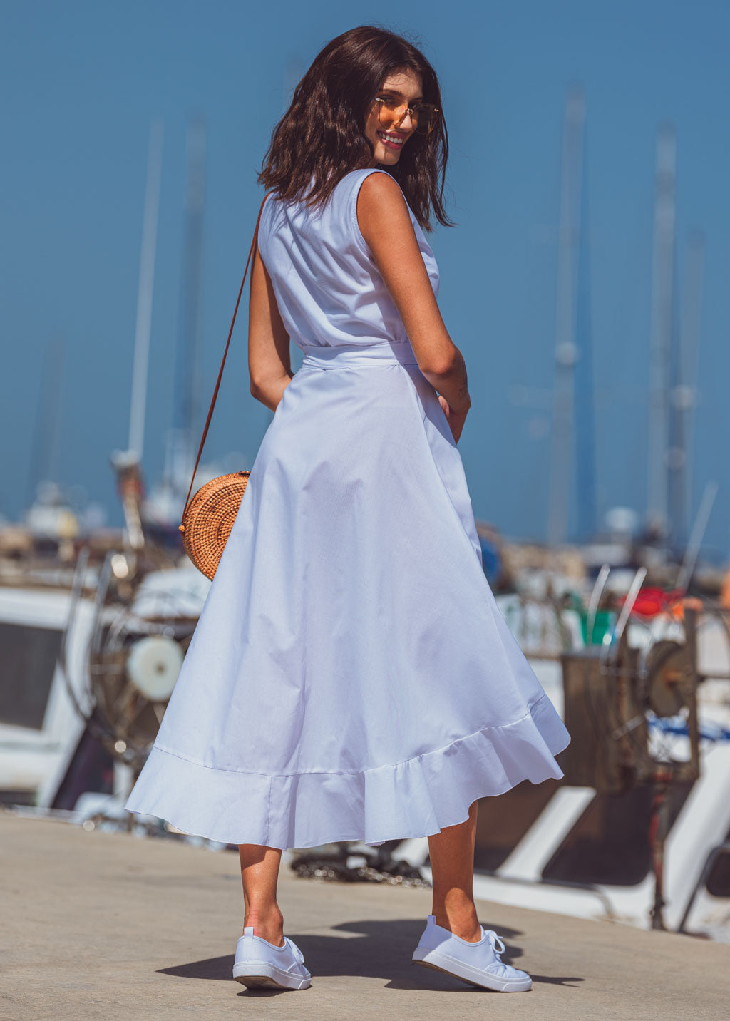 White organic cotton midi wrap dress