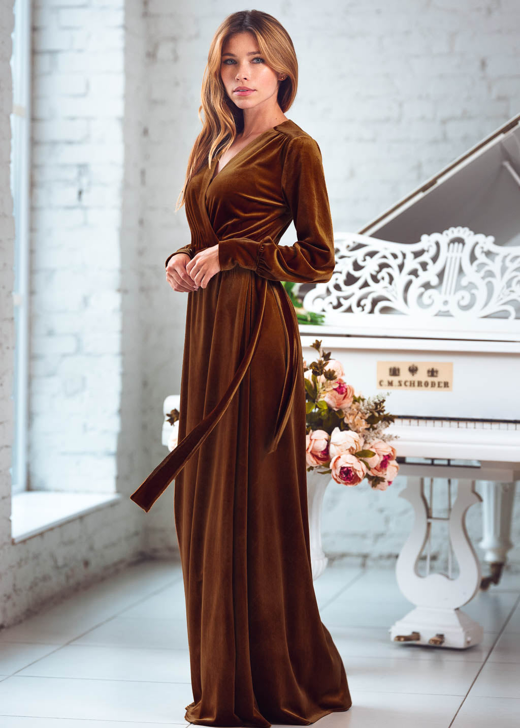 Rust gold long wrap dress