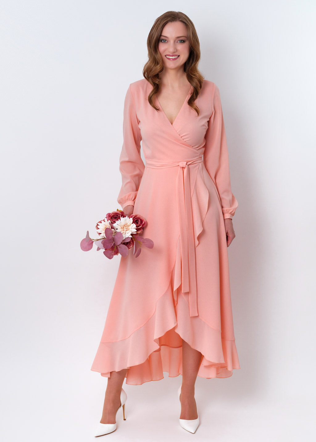 Blush pink chiffon wrap dress