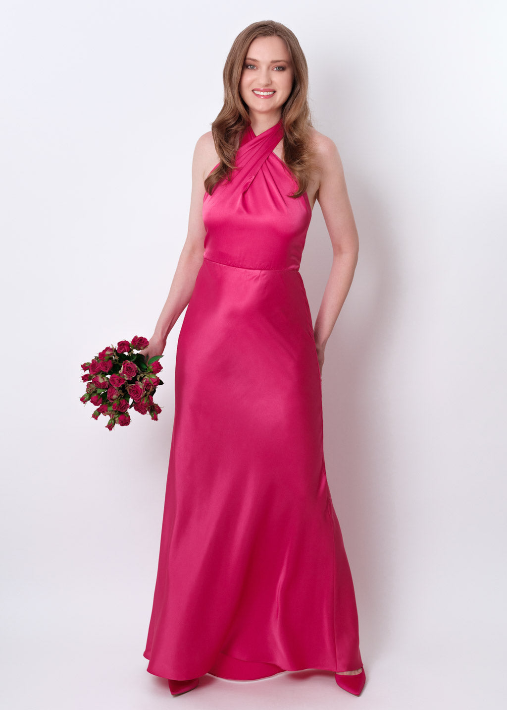 Hot pink silk long halter dress