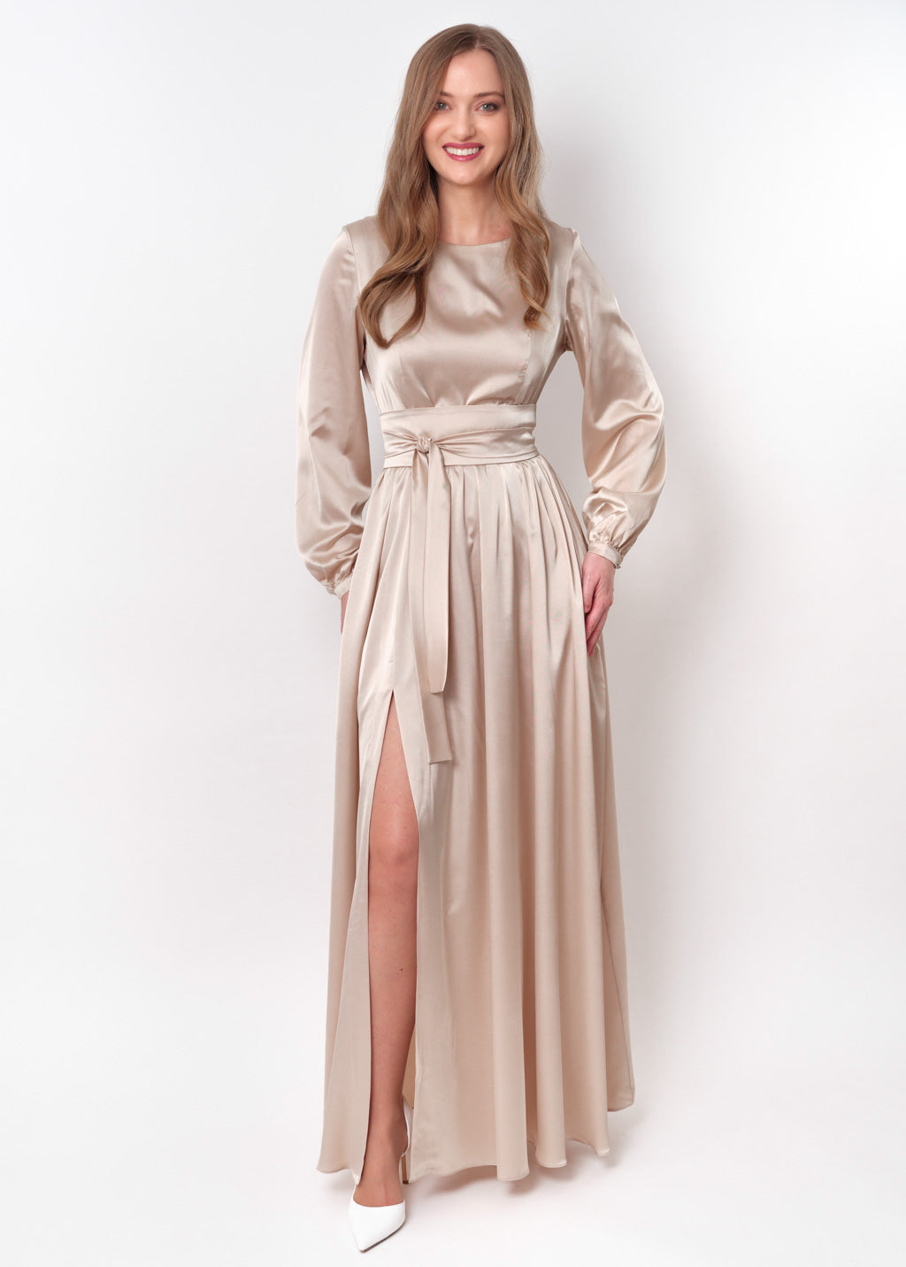 Champagne beige long silk dress with belt