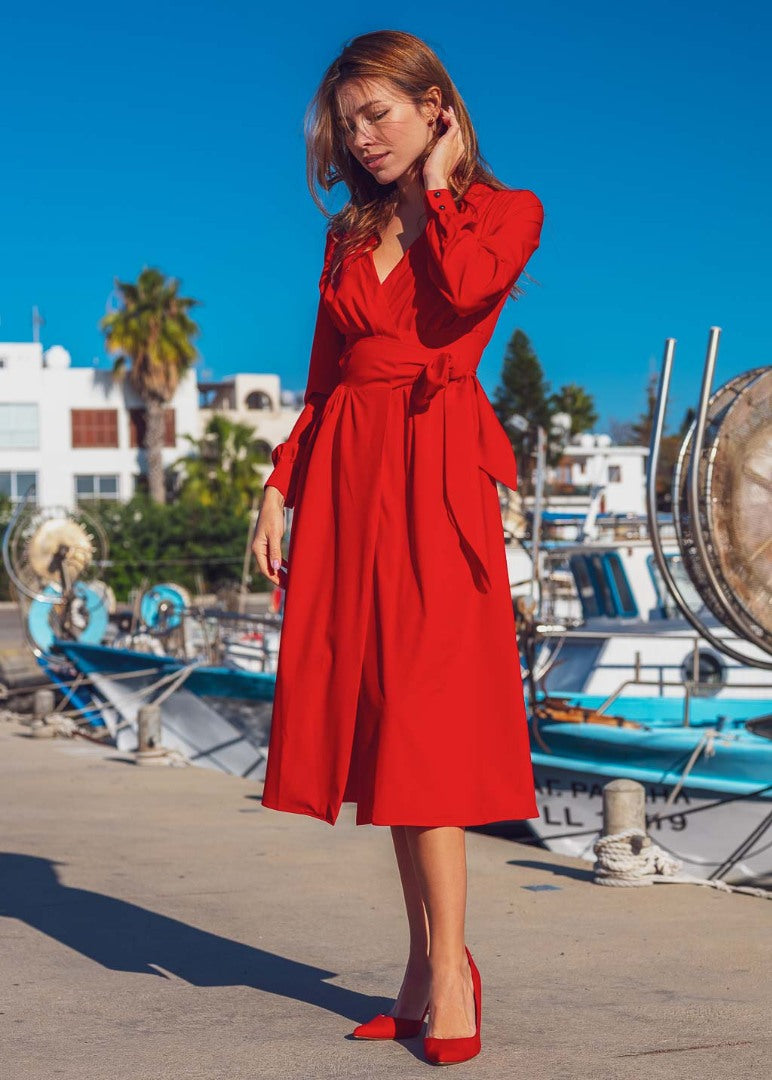 Red midi wrap dress