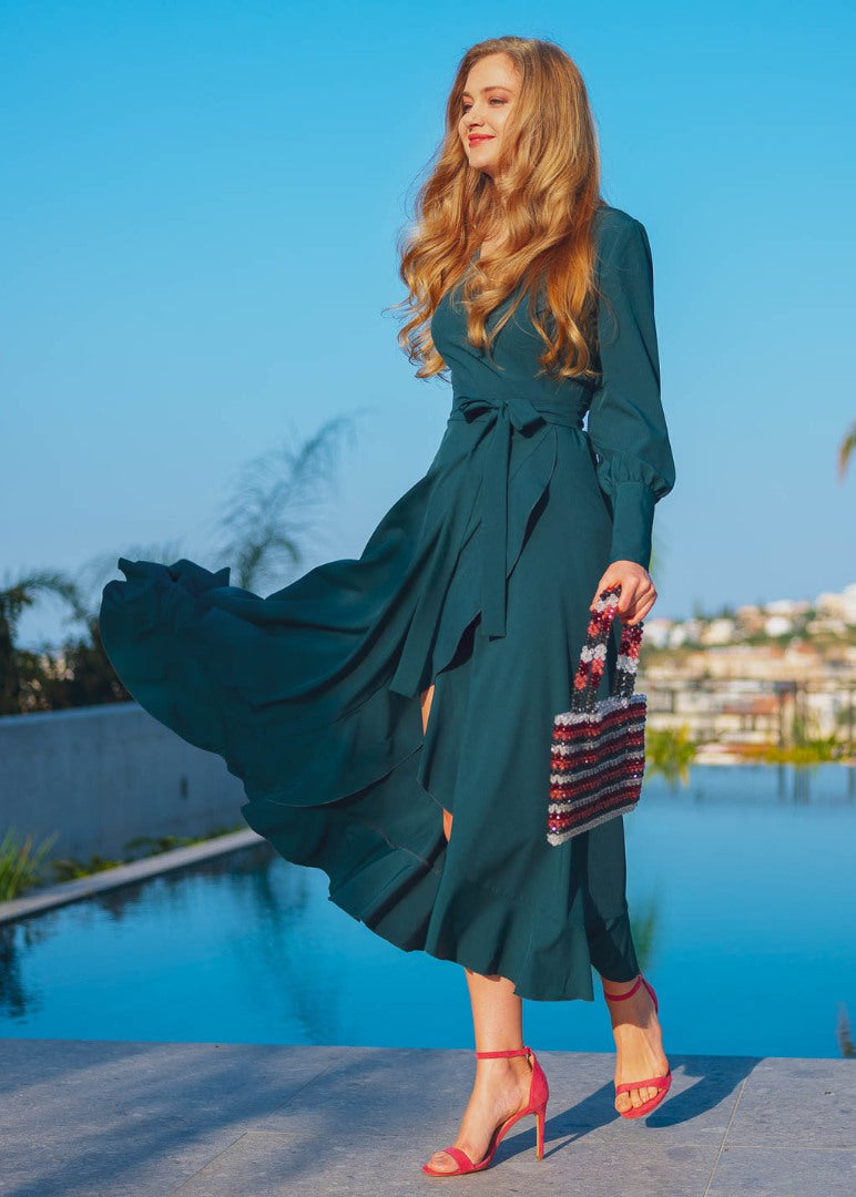 Dark green long wrap dress