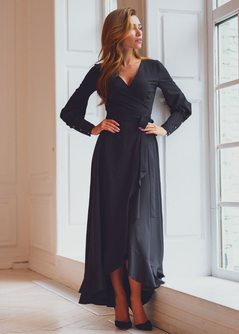 Black long wrap dress