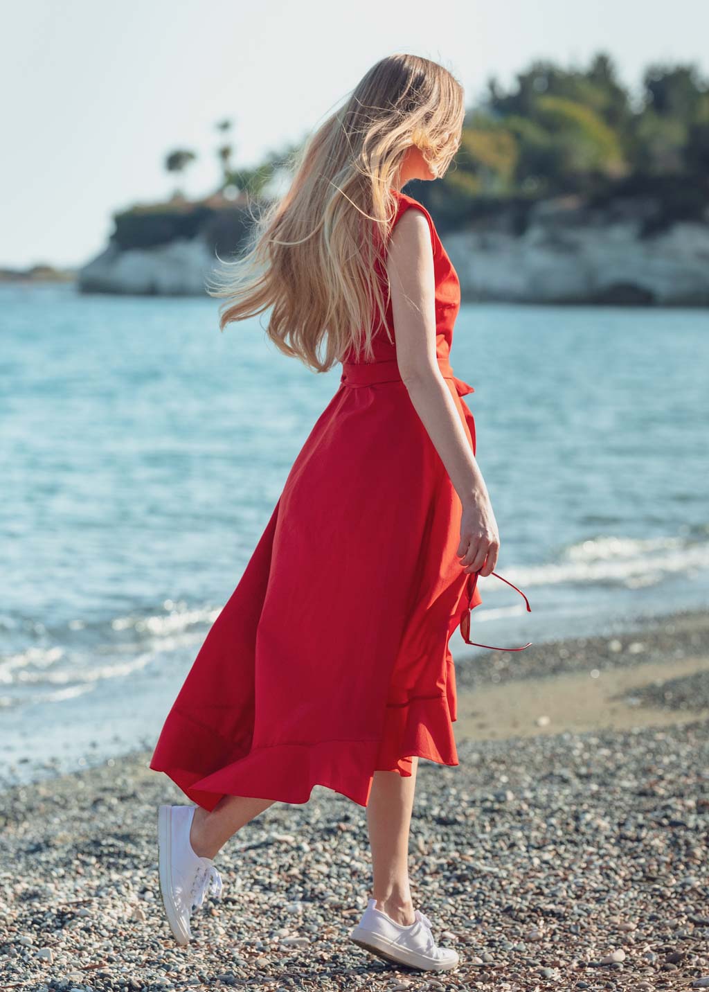 Red organic cotton midi wrap dress