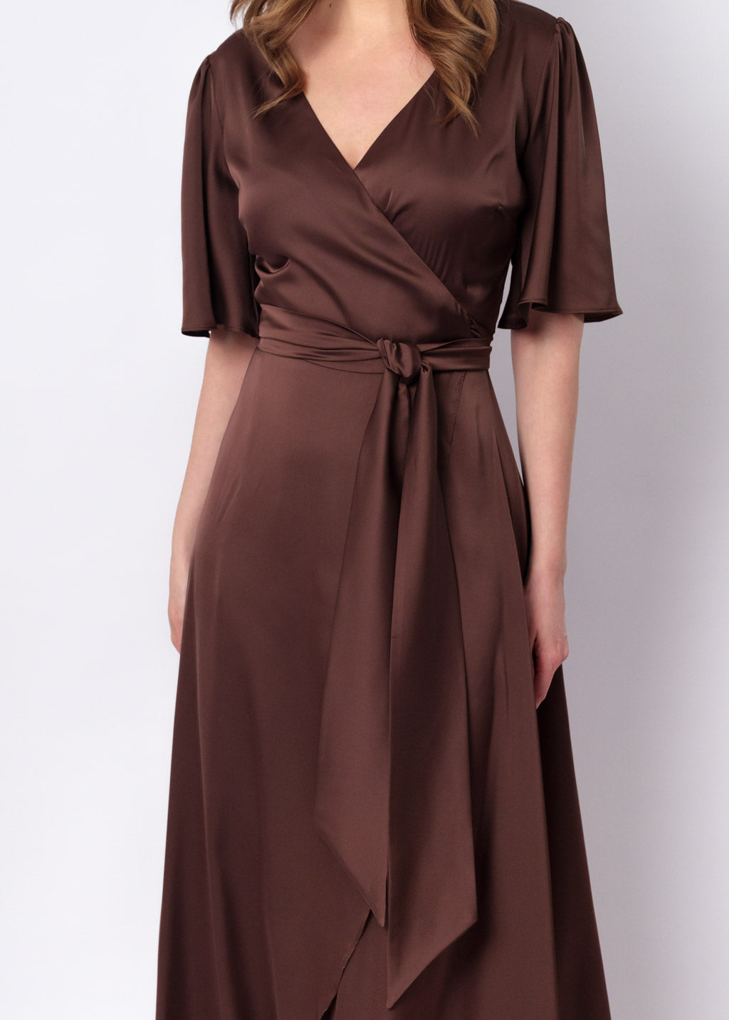 Choсolate brown silk long wrap dress