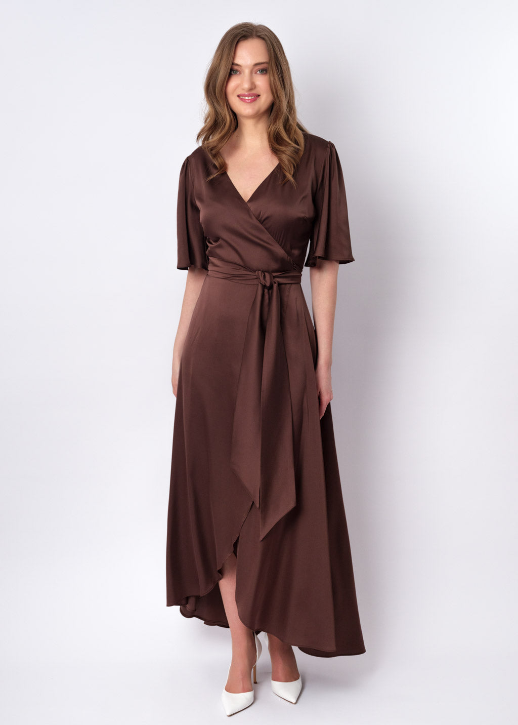 Choсolate brown silk long wrap dress