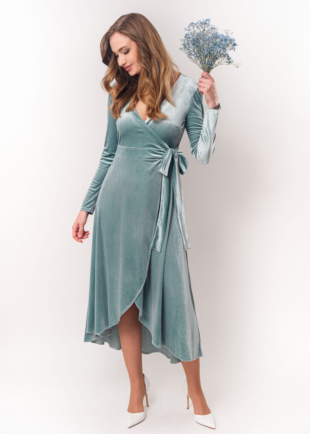 Dusty blue midi wrap dress