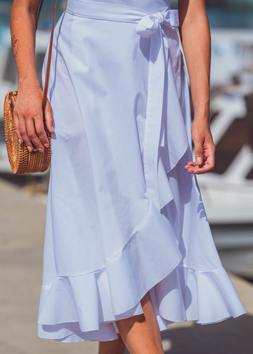 White organic cotton midi wrap dress