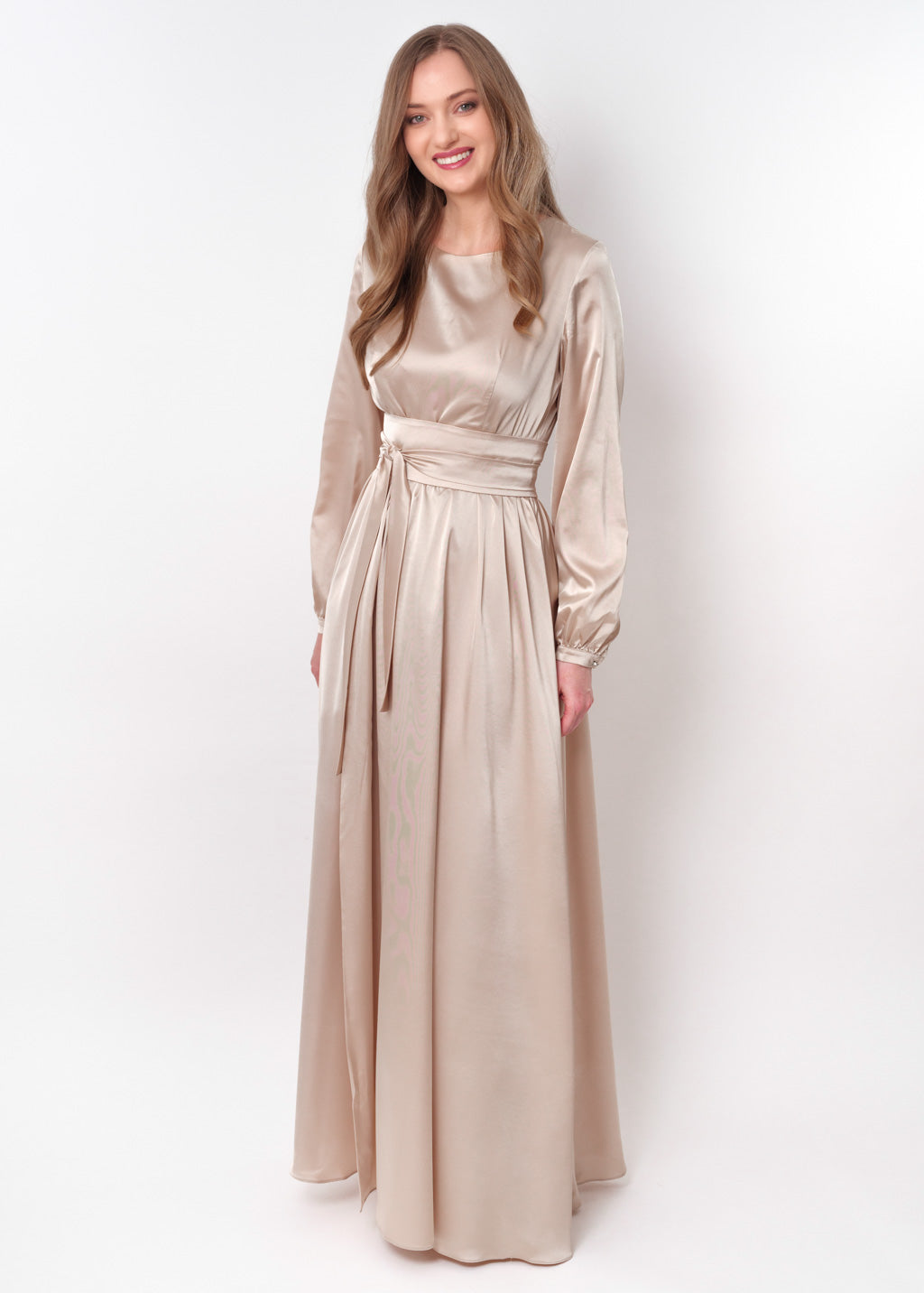 Champagne beige long silk dress with belt
