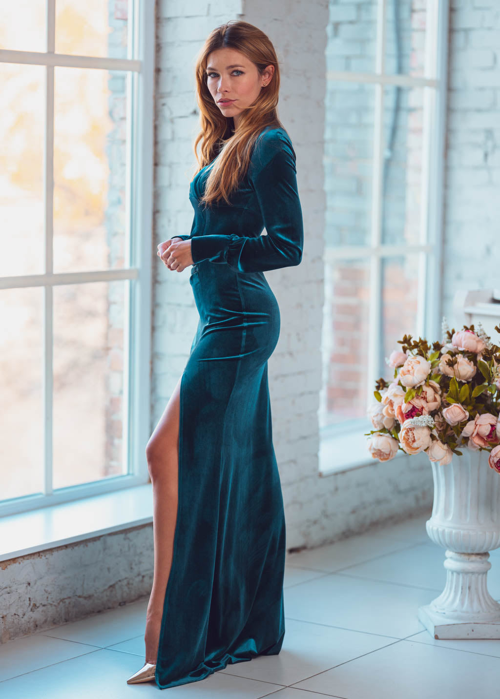 Teal green velvet maxi slit dress