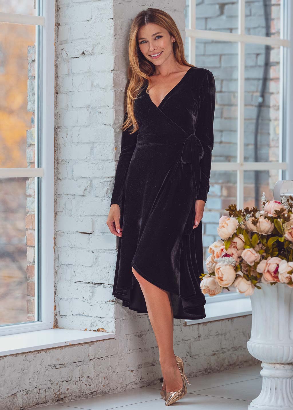 Black wrap velvet dress