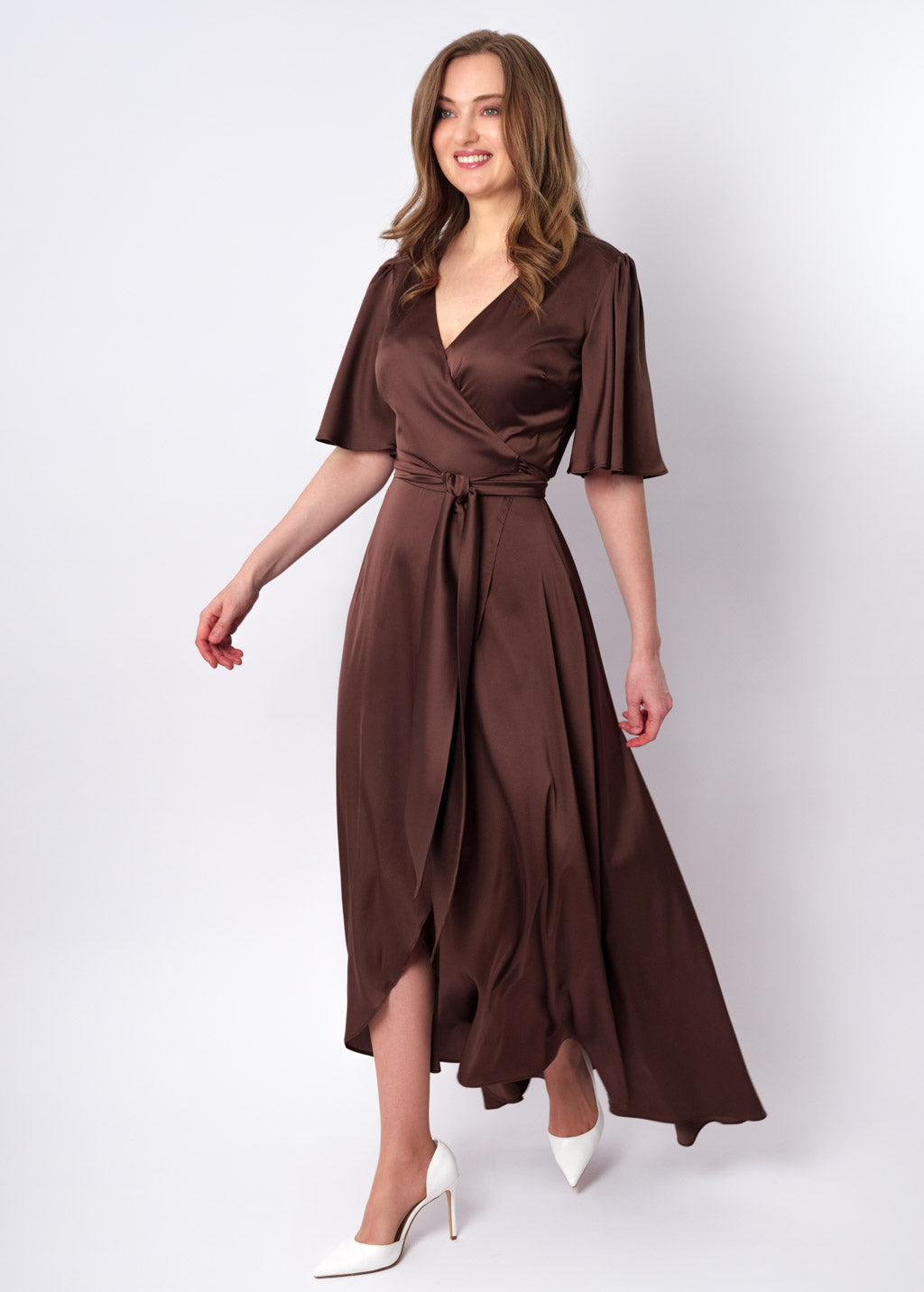 Choсolate brown silk long wrap dress