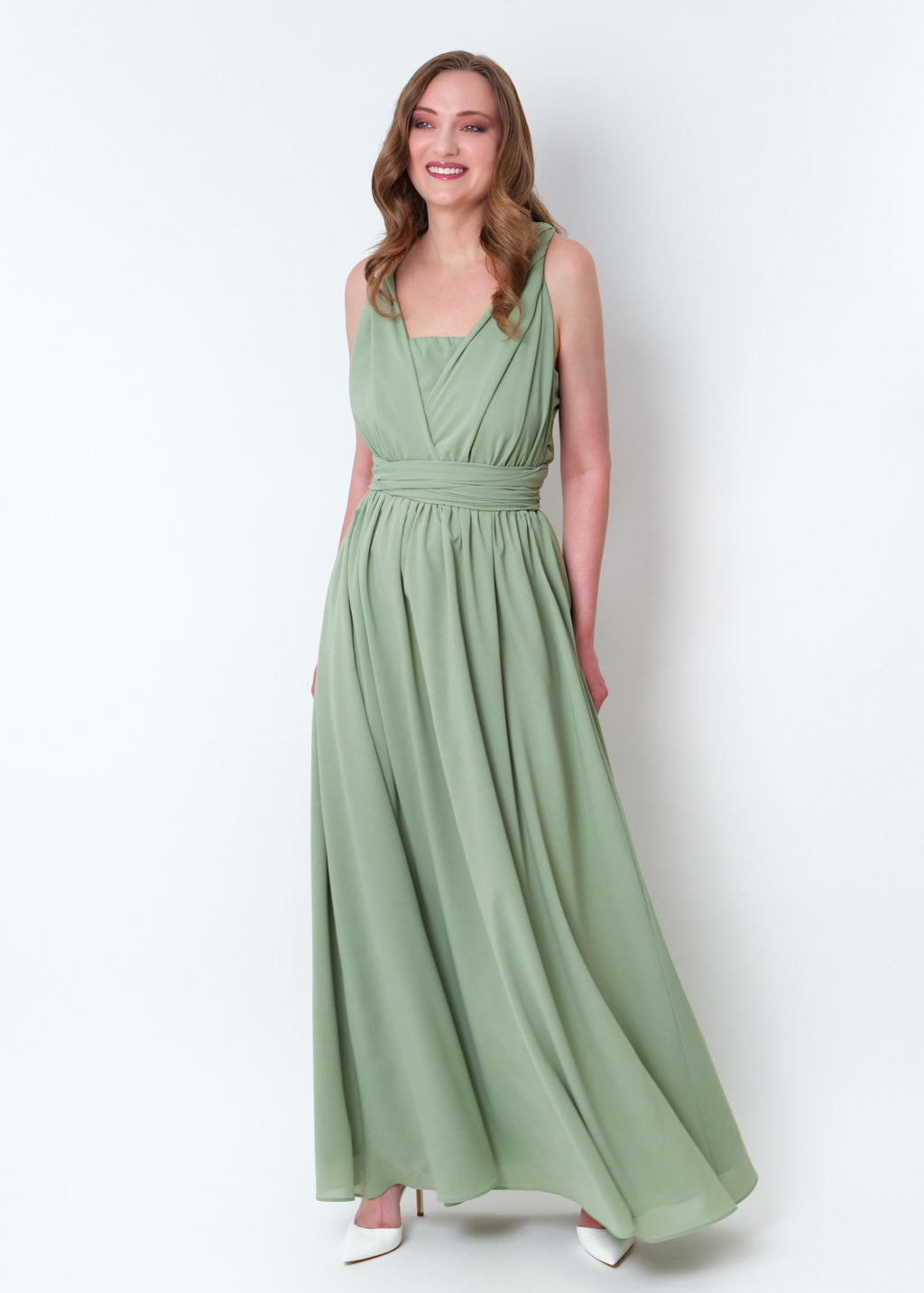 Sage green chiffon infinity pleated dress