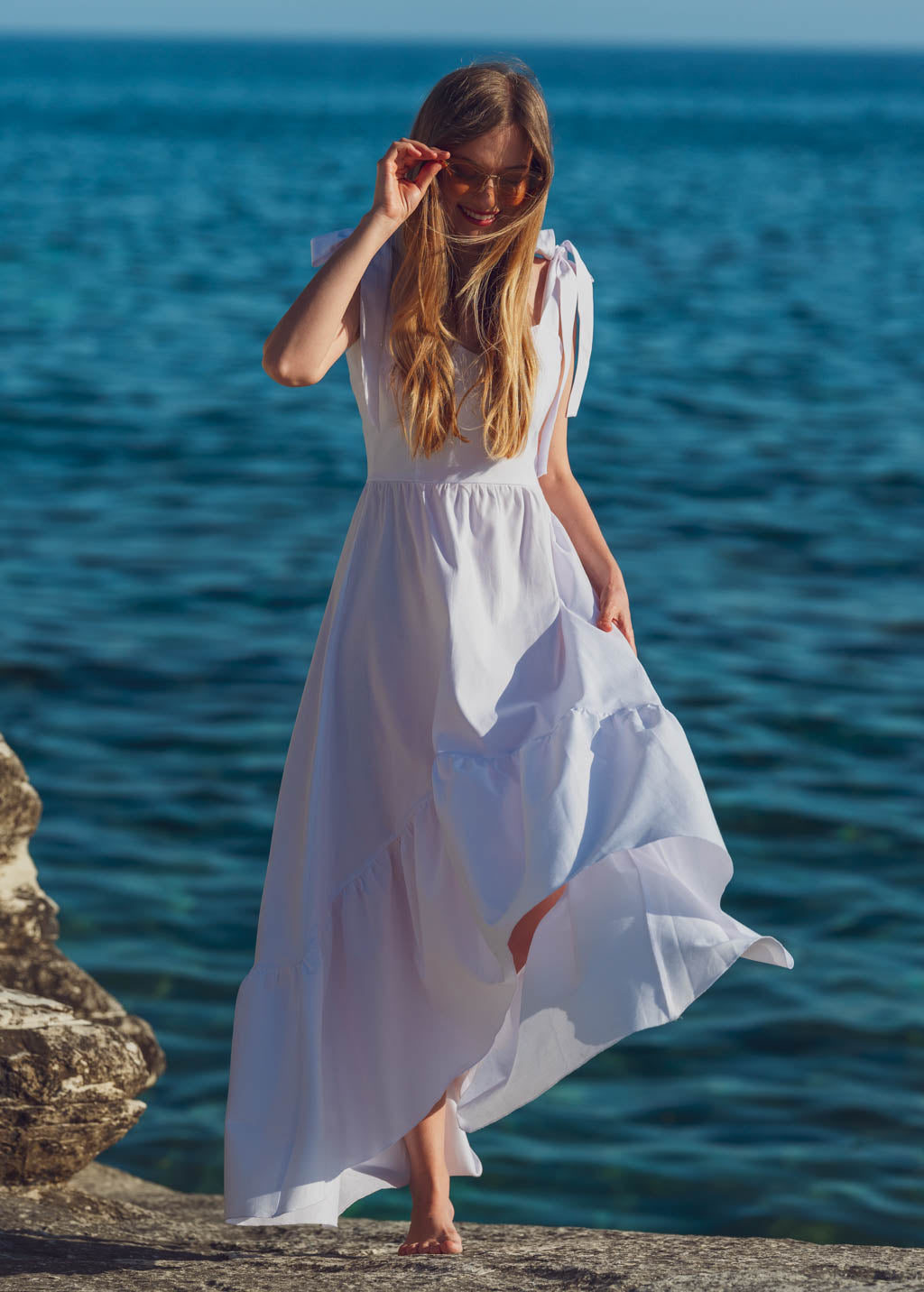 White cotton boho long summer dress