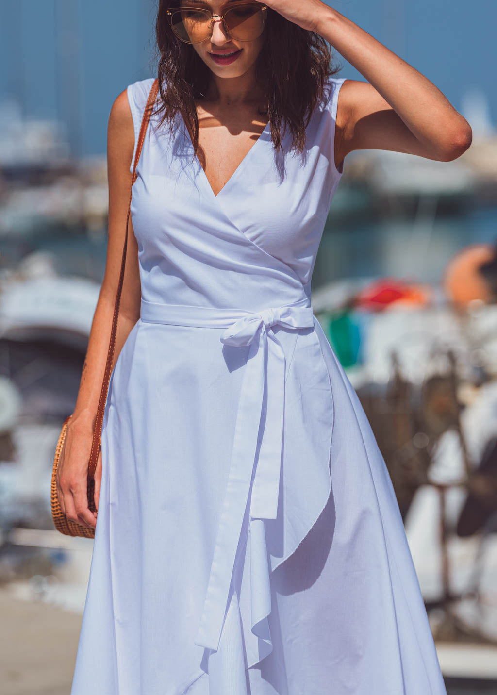 White organic cotton midi wrap dress