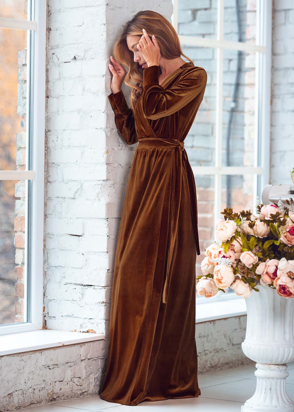Rust gold long wrap dress