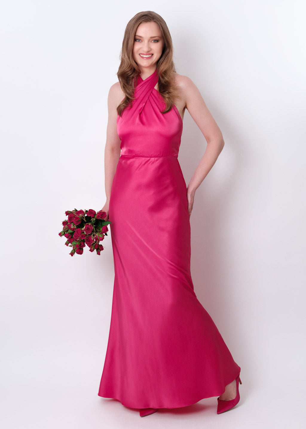 Hot pink silk long halter dress