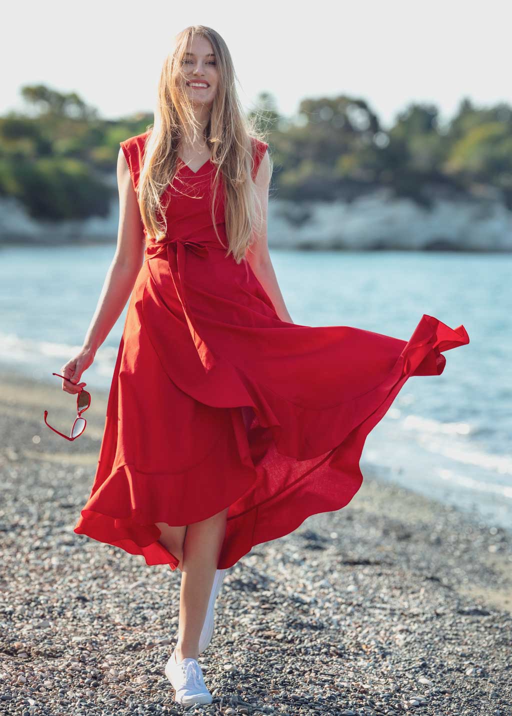 Red organic cotton midi wrap dress