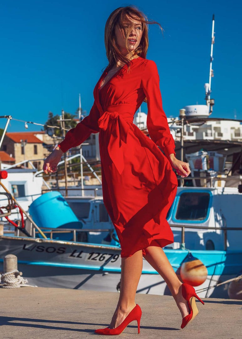 Red midi wrap dress