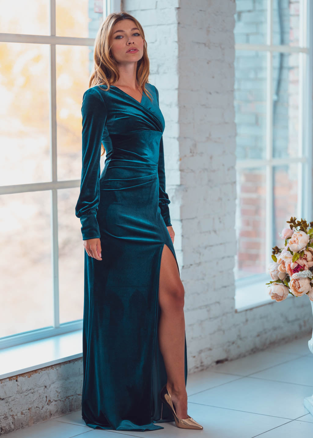 Teal green velvet maxi slit dress