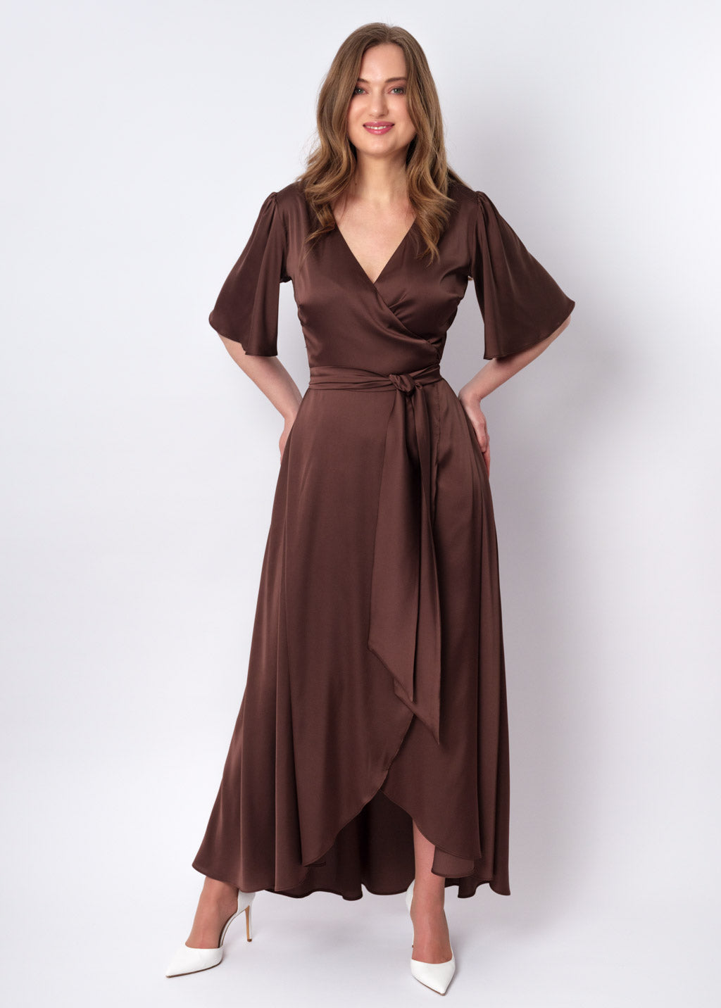 Choсolate brown silk long wrap dress