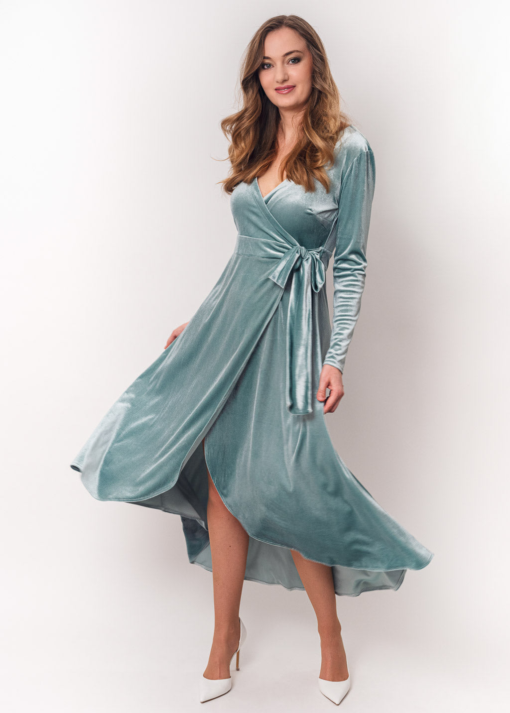 Dusty blue midi wrap dress