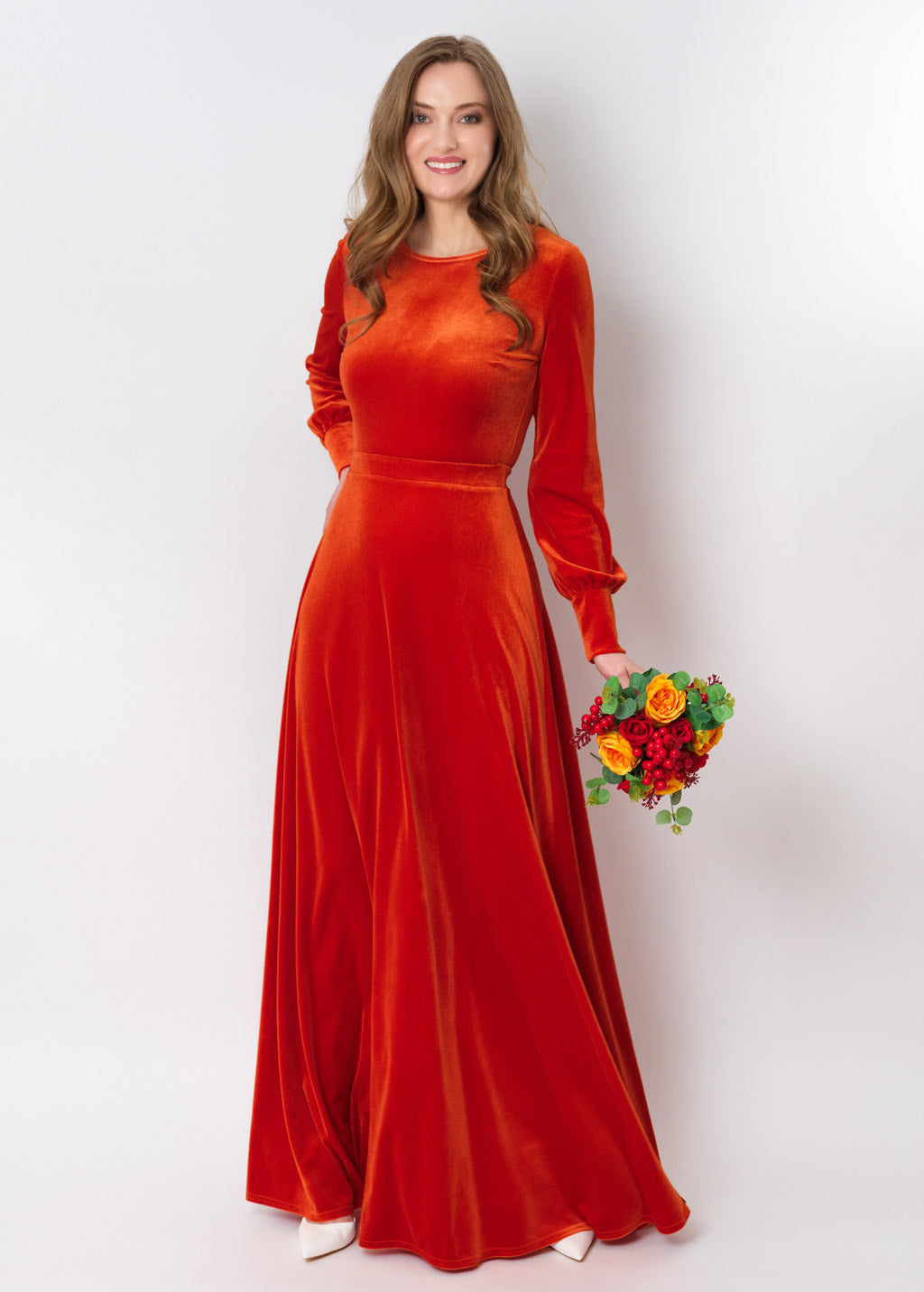 Rust orange velvet long dress