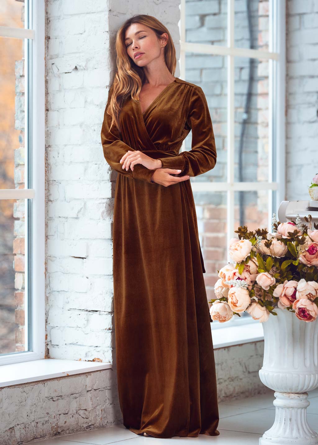 Rust gold long wrap velvet robe