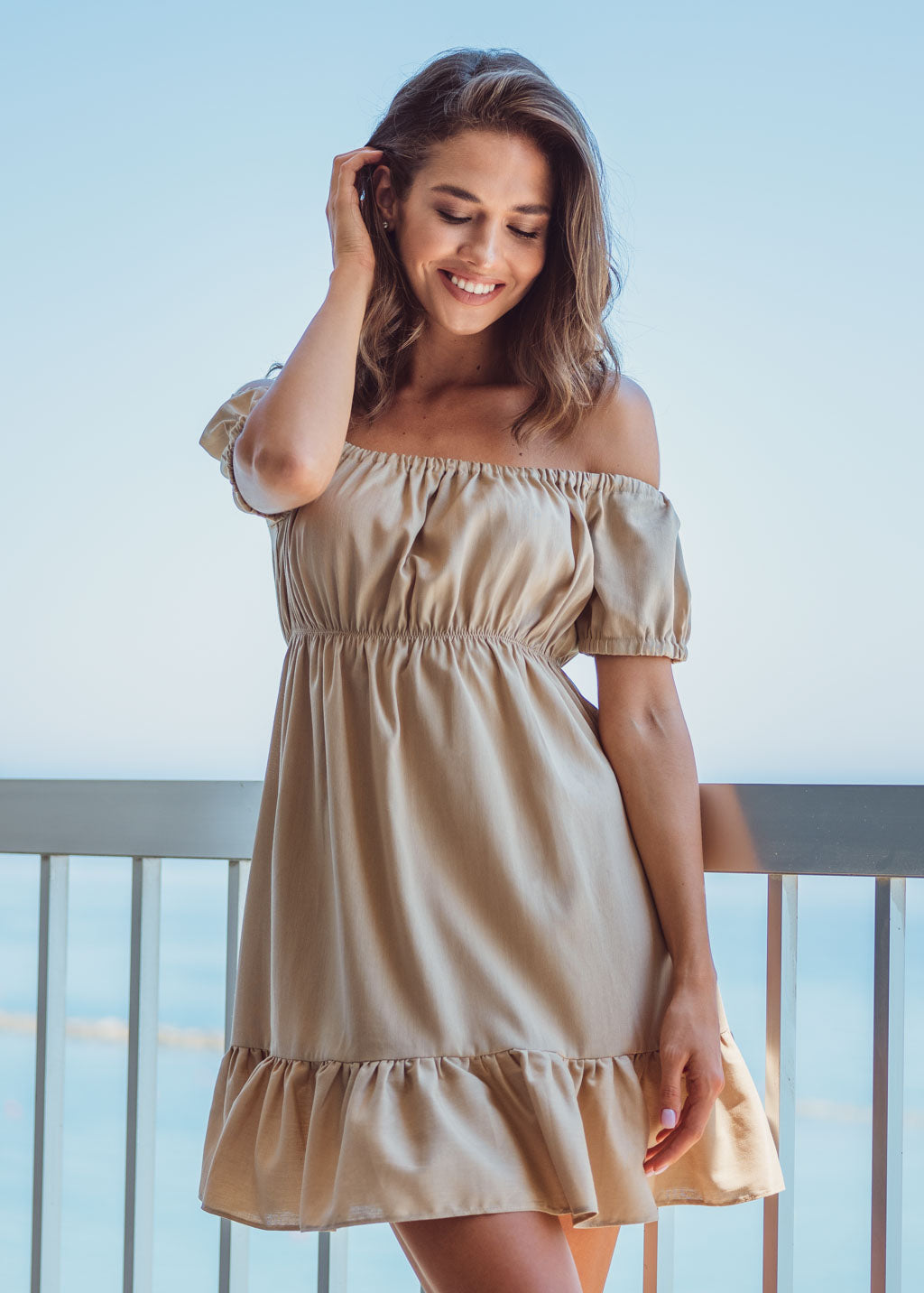 Beige organic linen off shoulder short dress