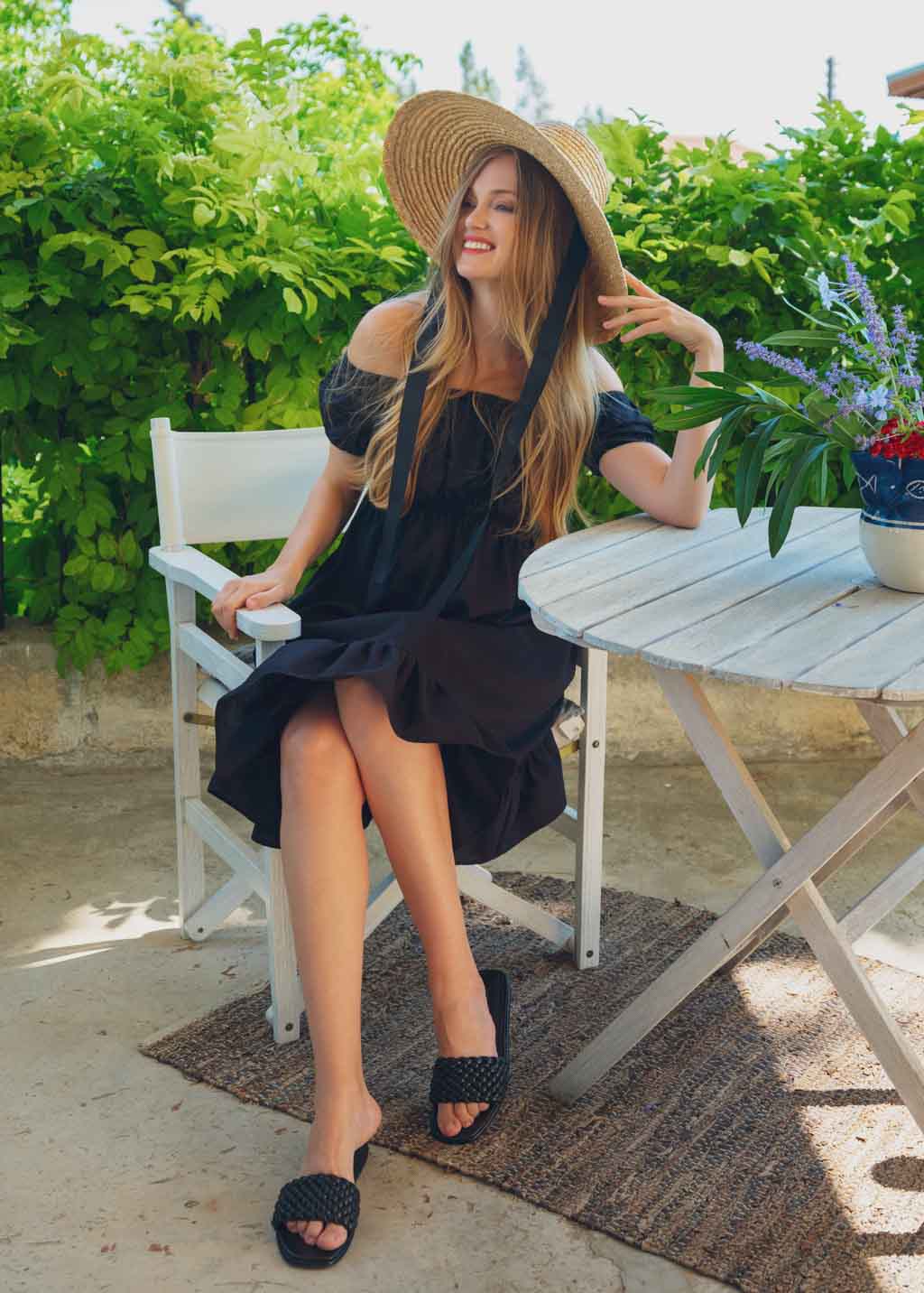 Black organic linen off shoulder midi dress