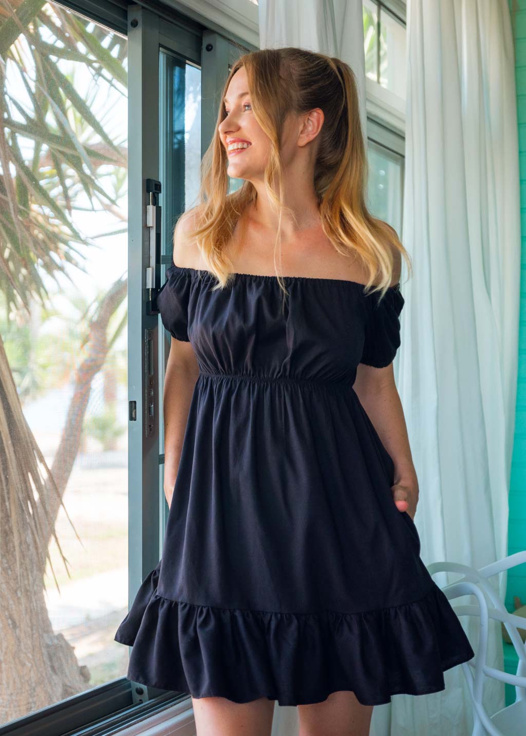 Black organic linen off shoulder short dress