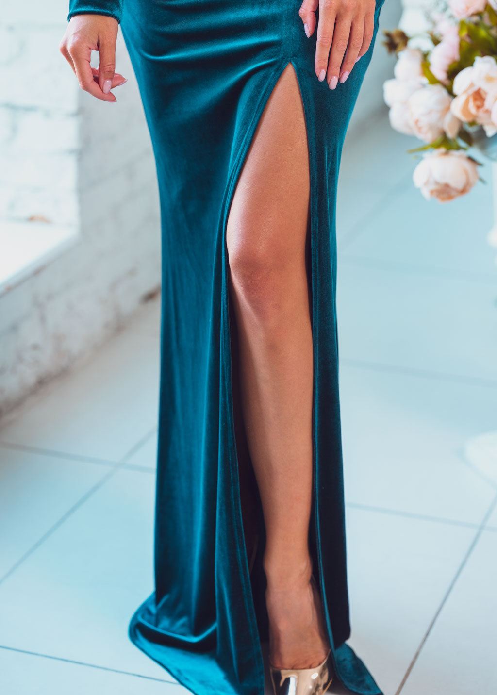 Teal green velvet maxi slit dress