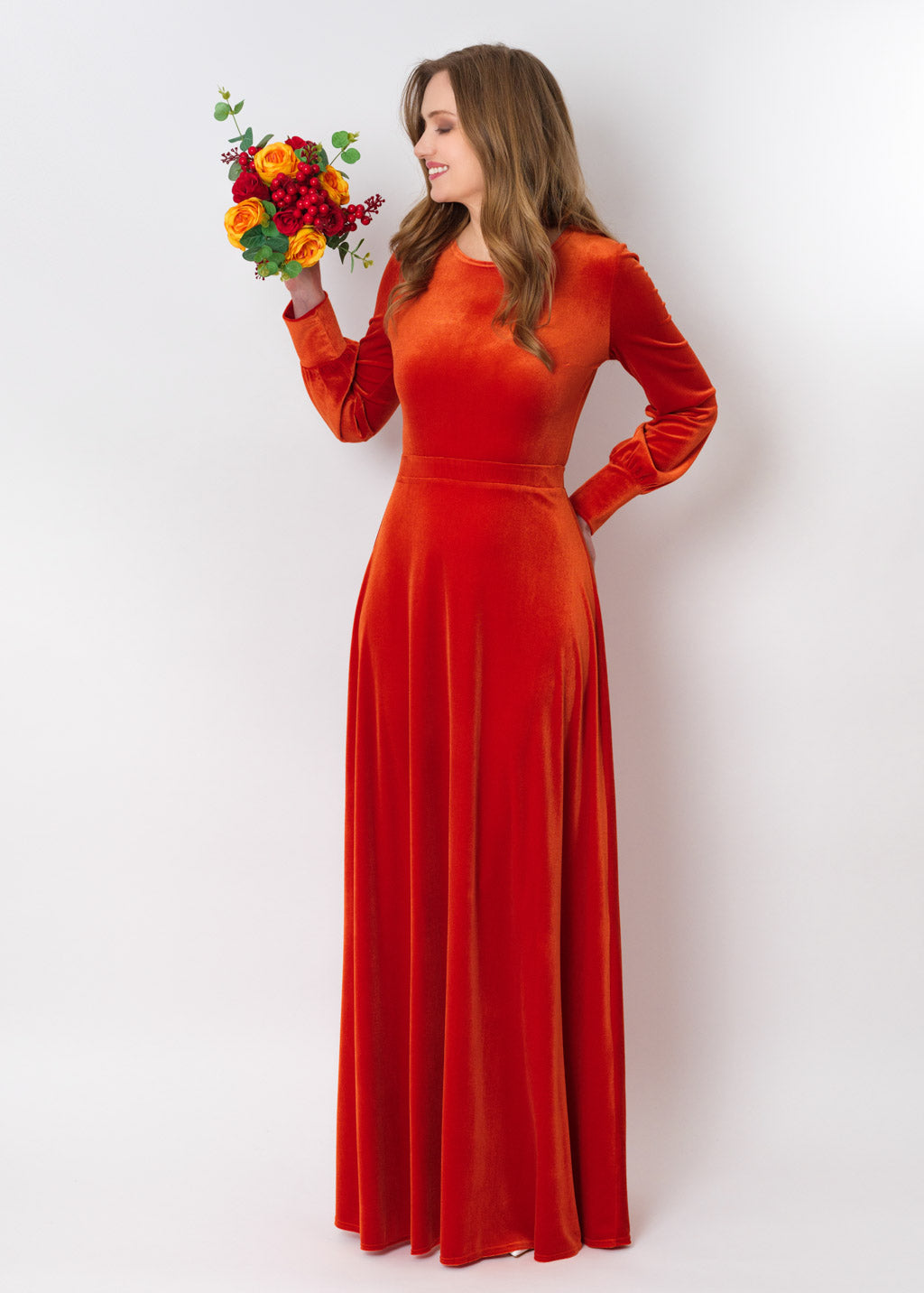 Rust orange velvet long dress