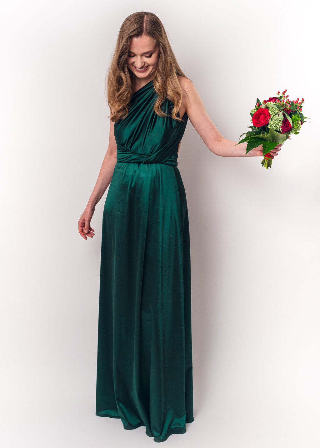 Dark green luxury satin infinity dress or jumpsuit