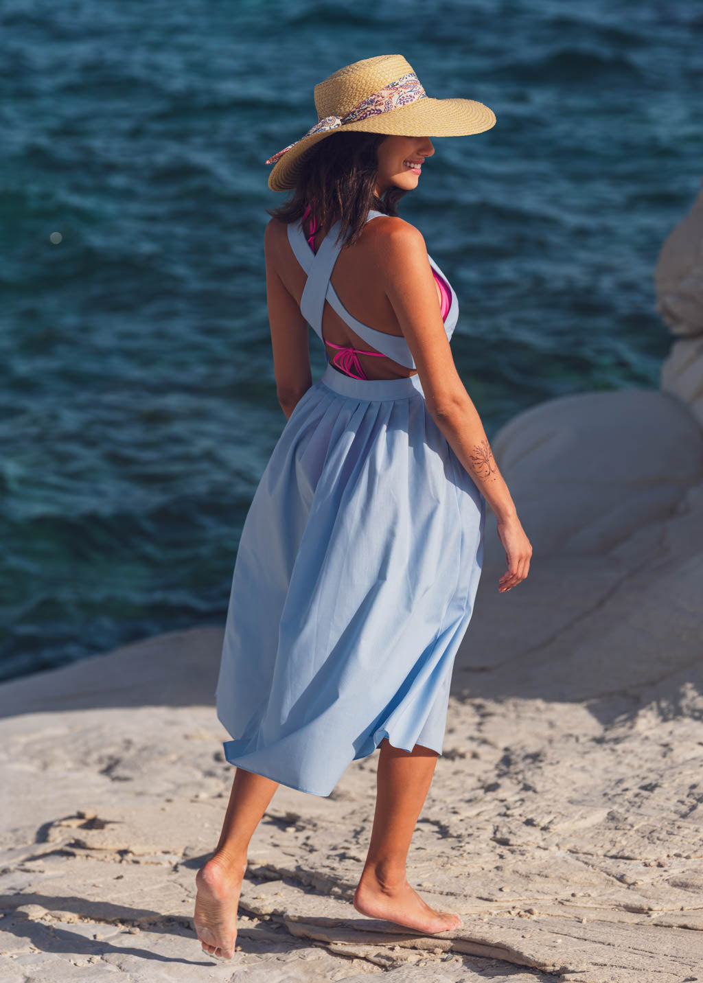 Blue organic cotton cross-back dress