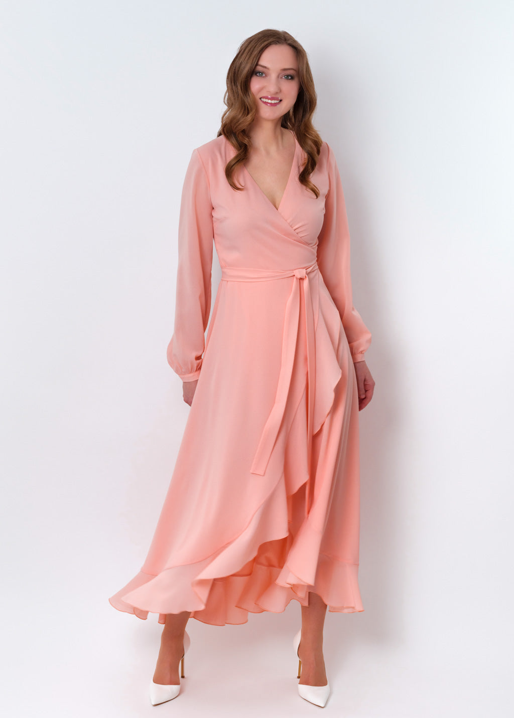 Blush pink chiffon wrap dress