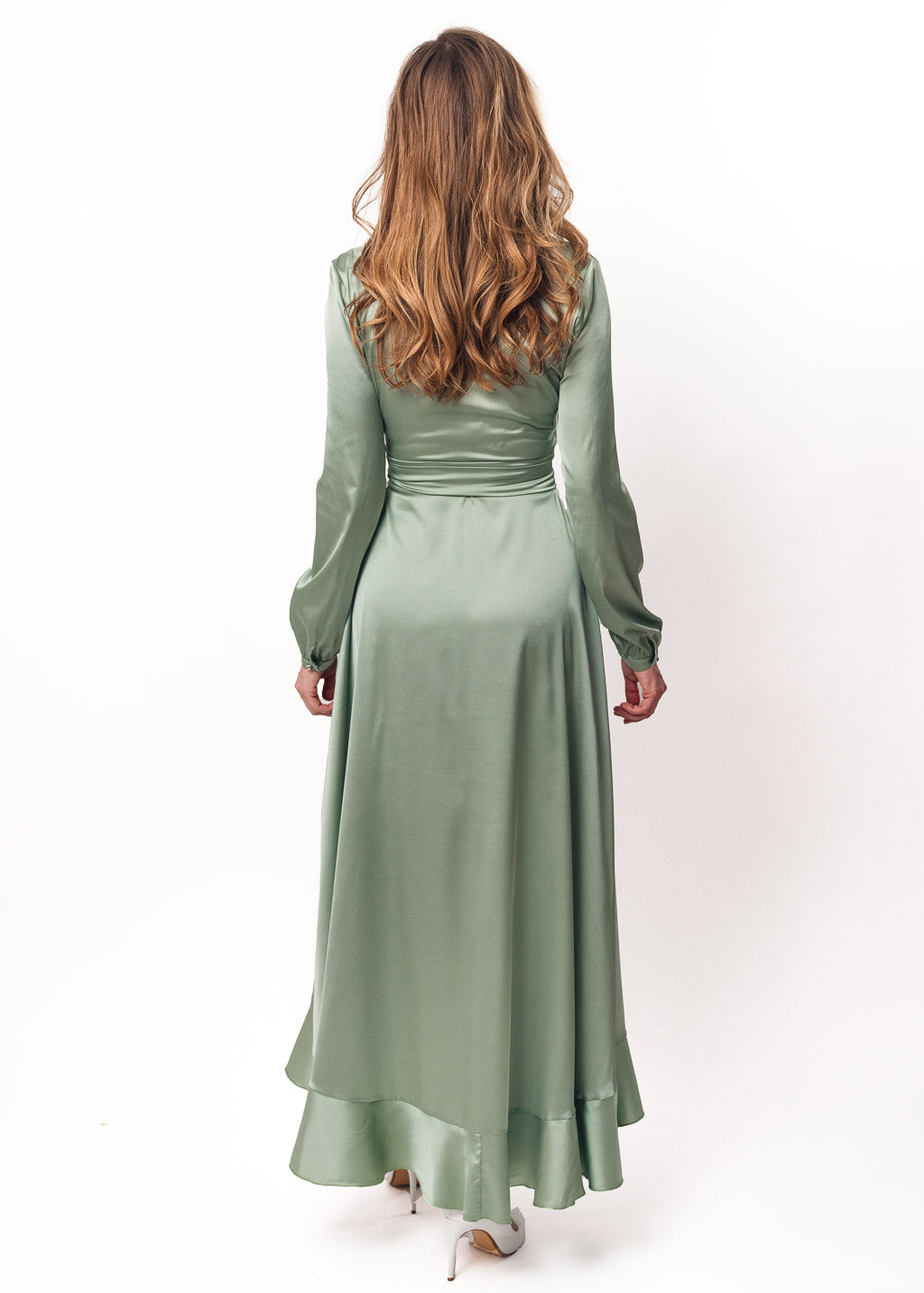 Sage green long wrap silk dress