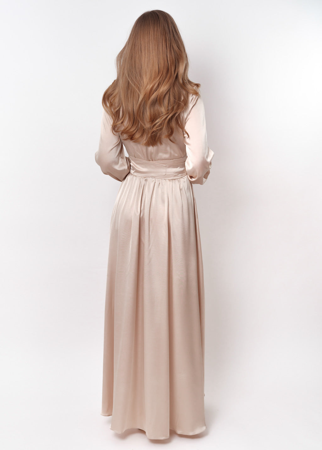 Champagne beige slit silk dress with belt