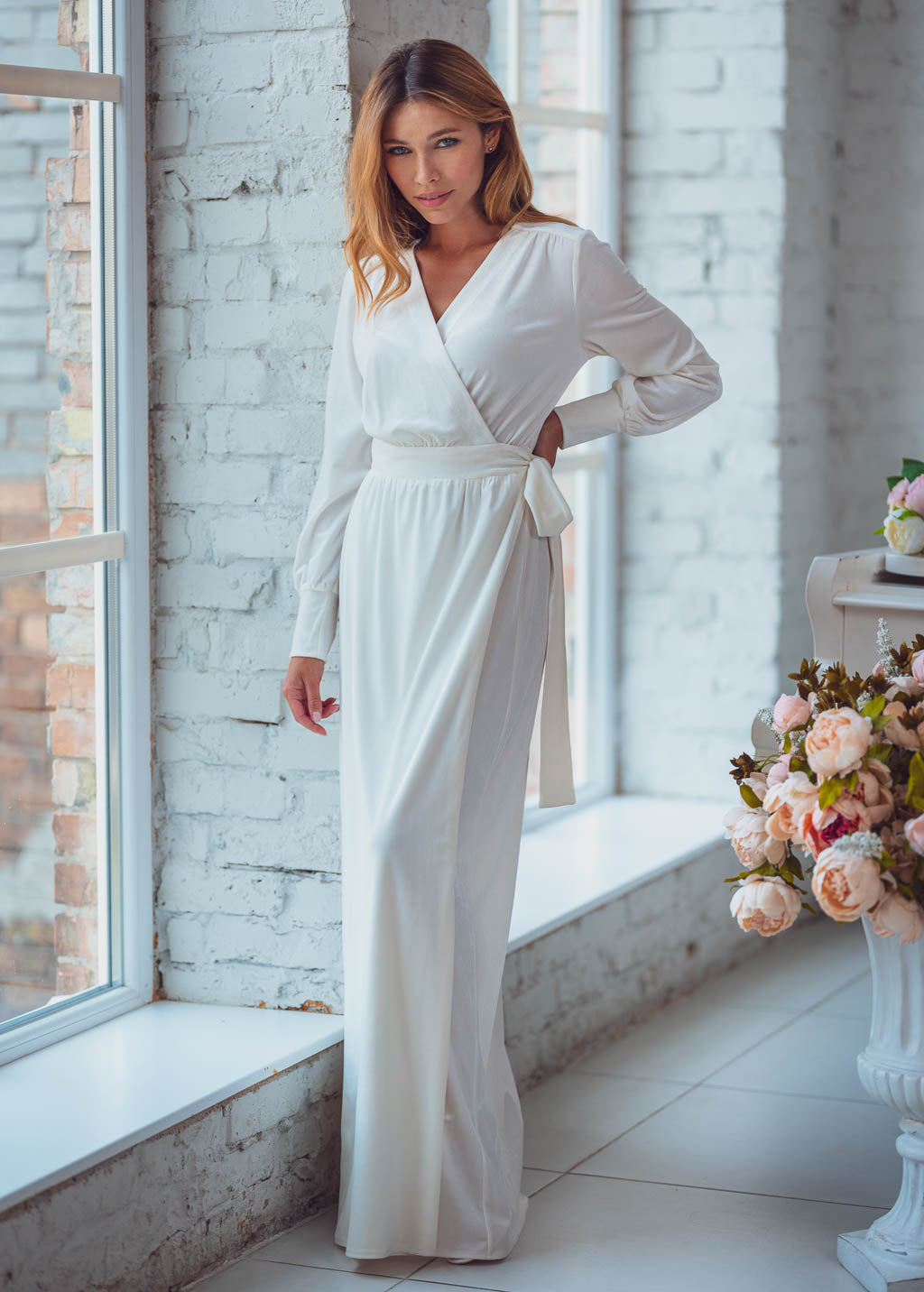 Pearl white long wrap dress
