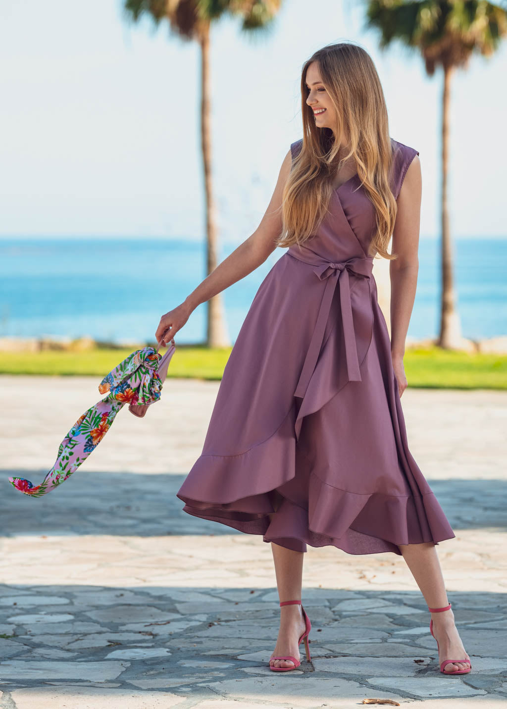 Mauve organic cotton midi wrap dress