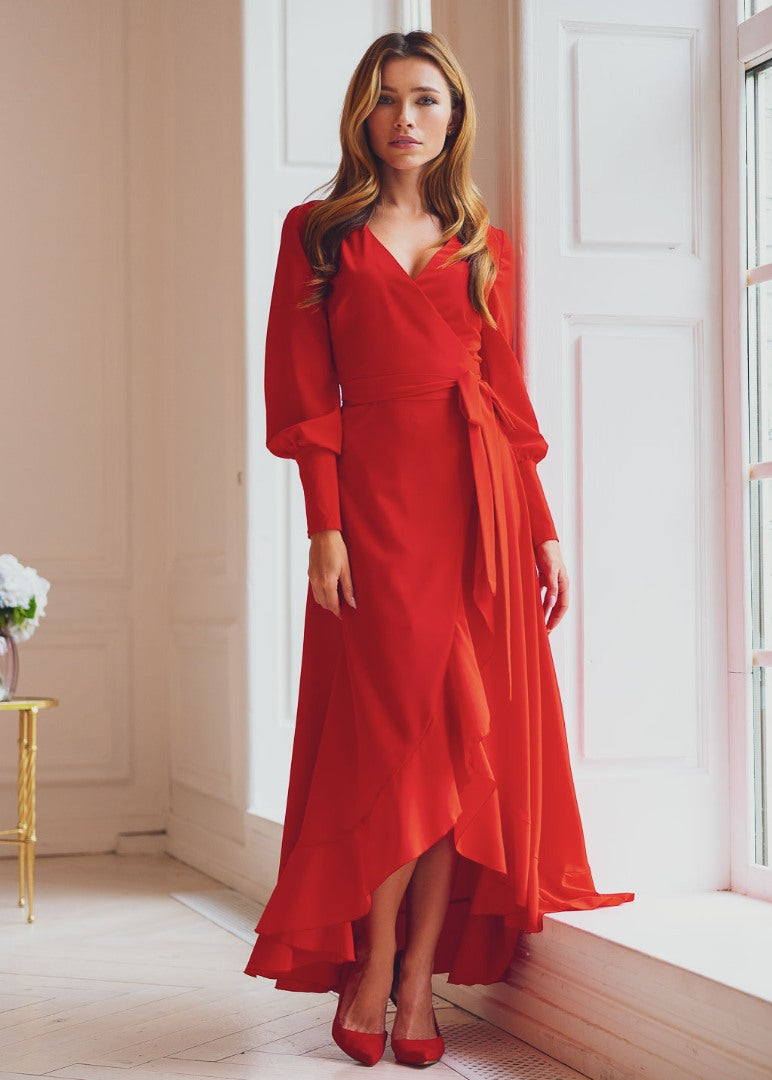 Red long wrap dress
