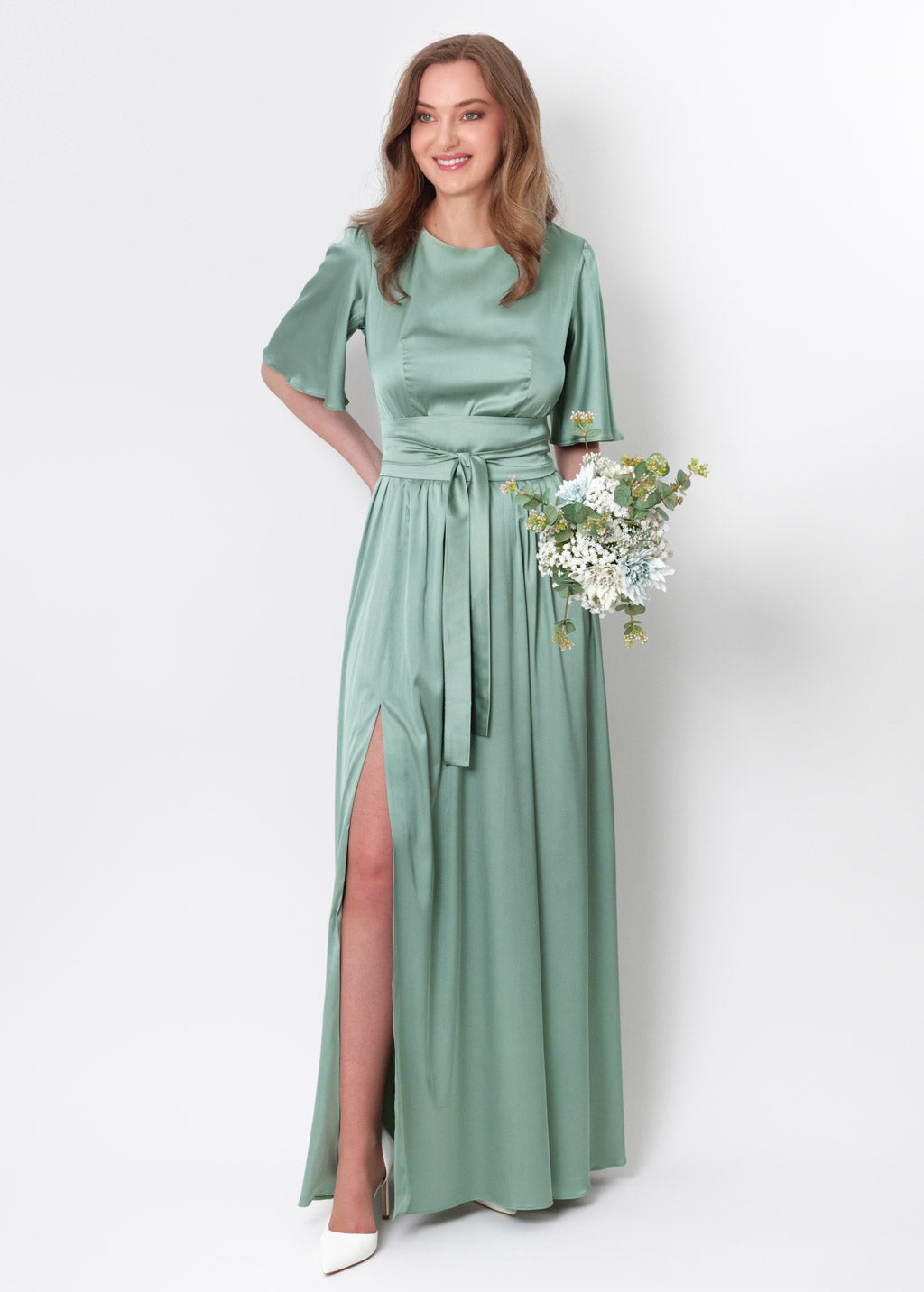 Sage green  silk dress with belt